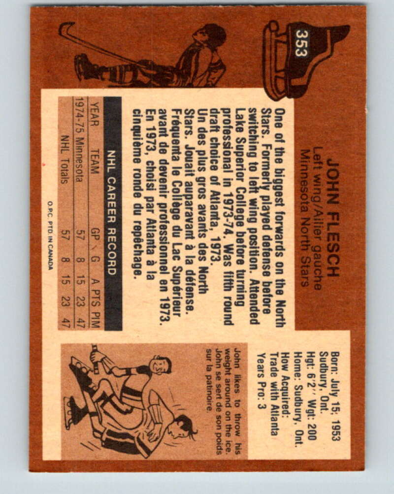 1975-76 O-Pee-Chee #353 John Flesch RC Rookie Minnesota North Stars V6774