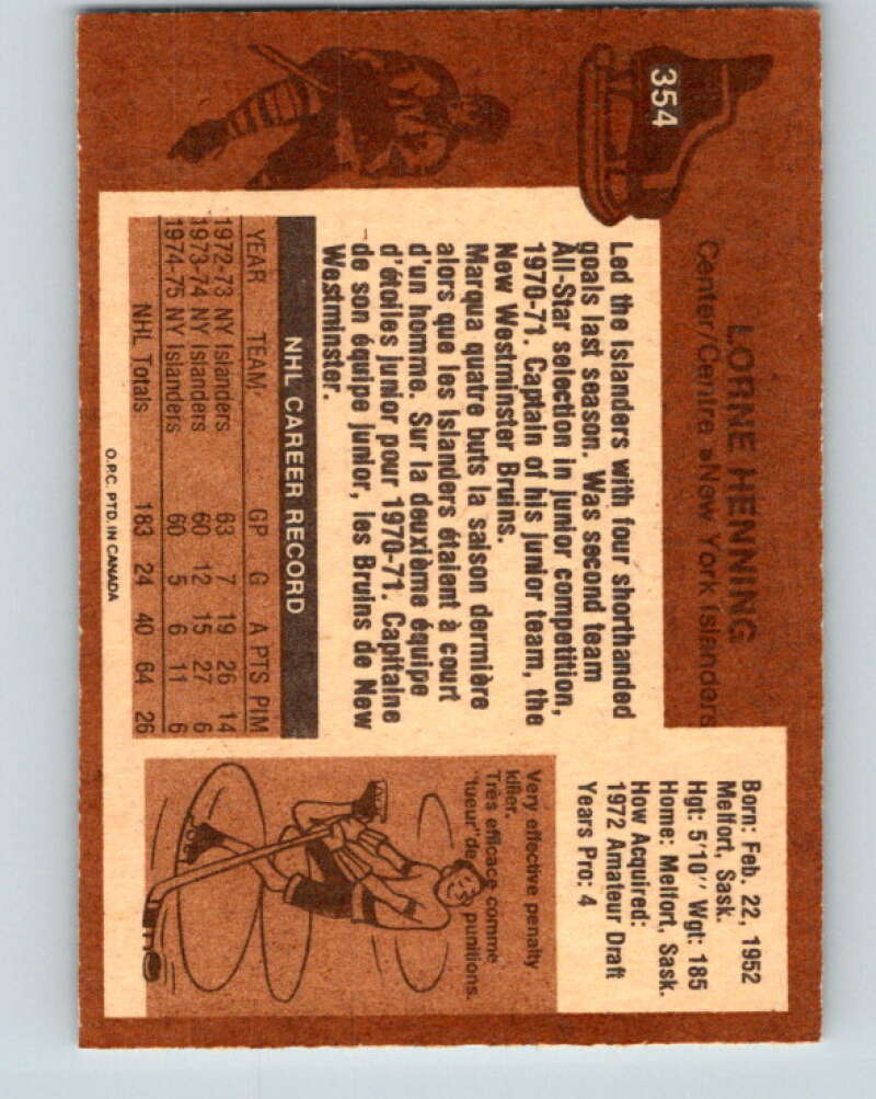 1975-76 O-Pee-Chee #354 Lorne Henning New York Islanders V6775
