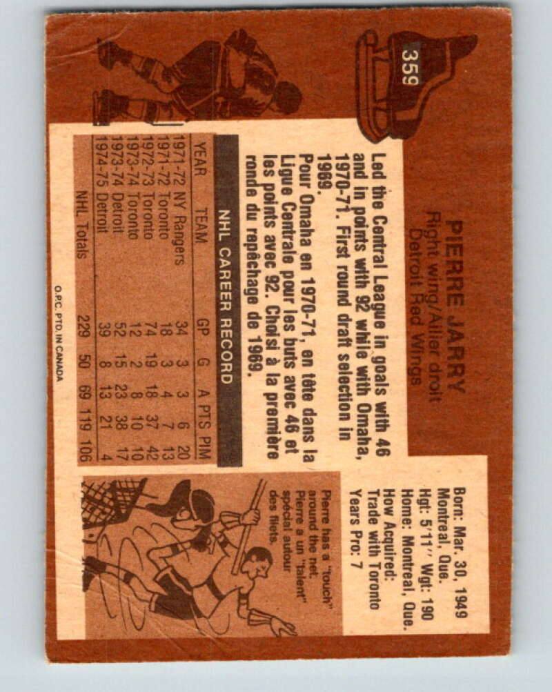1975-76 O-Pee-Chee #359 Pierre Jarry Detroit Red Wings V6793