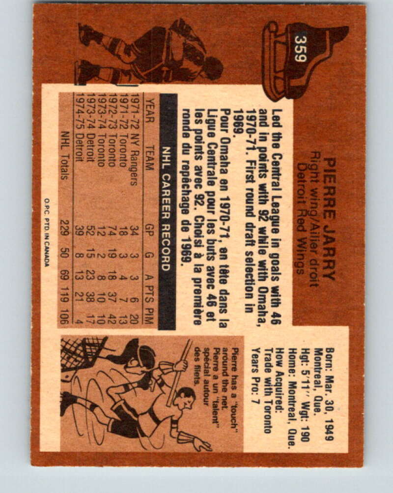 1975-76 O-Pee-Chee #359 Pierre Jarry Detroit Red Wings V6796