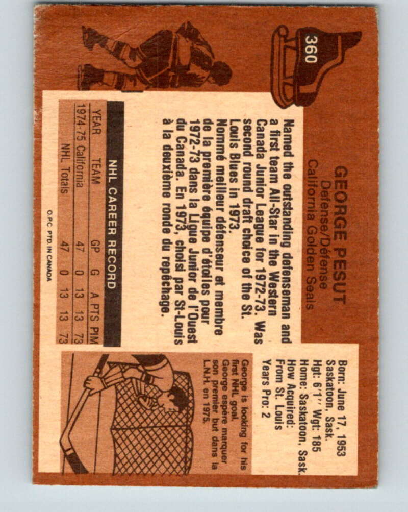 1975-76 O-Pee-Chee #360 George Pesut RC Rookie California Golden Seals V6800