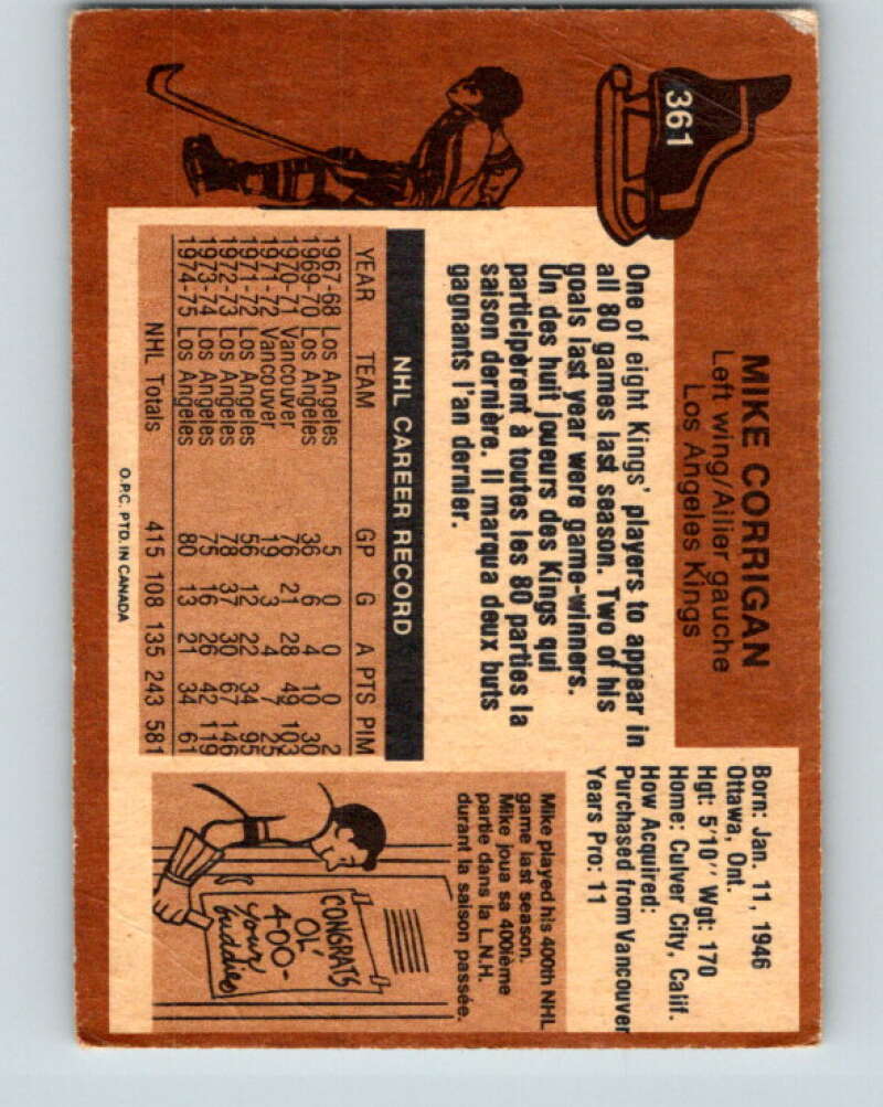 1975-76 O-Pee-Chee #361 Mike Corrigan Los Angeles Kings V6803