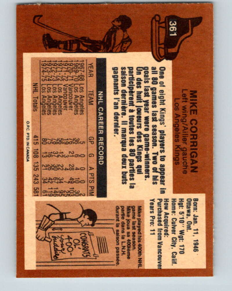 1975-76 O-Pee-Chee #361 Mike Corrigan Los Angeles Kings V6804