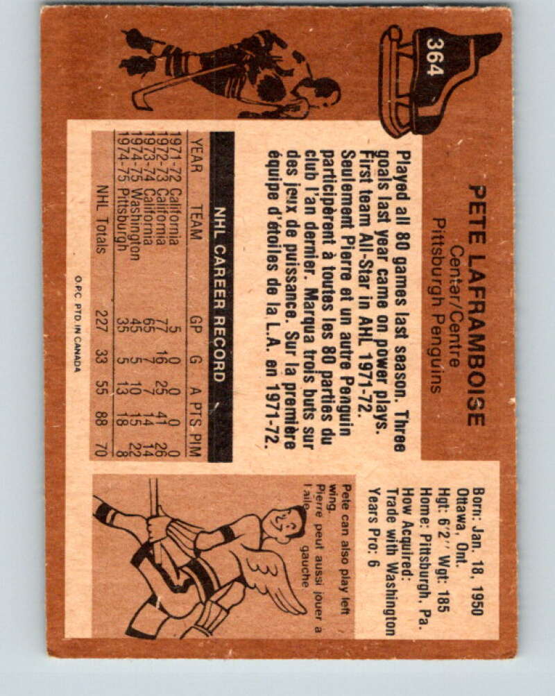 1975-76 O-Pee-Chee #364 Pete Laframboise Pittsburgh Penguins V6815