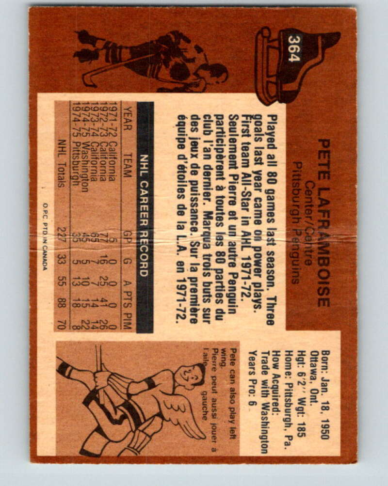 1975-76 O-Pee-Chee #364 Pete Laframboise Pittsburgh Penguins V6816