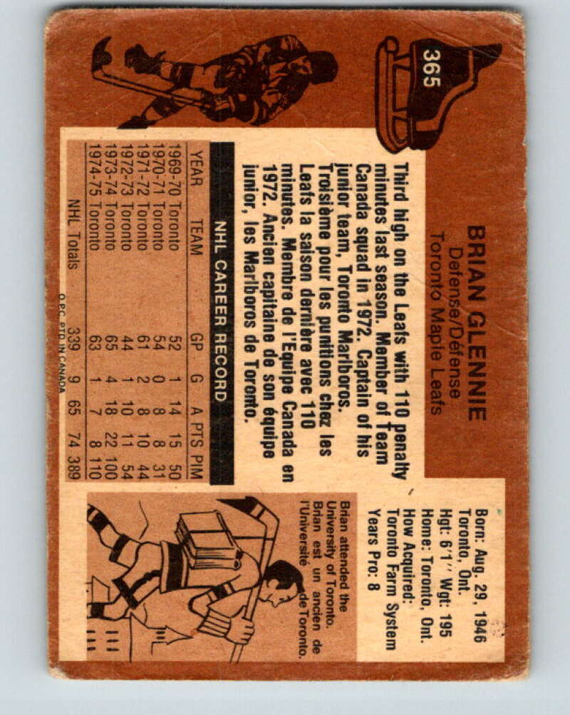 1975-76 O-Pee-Chee #365 Brian Glennie Toronto Maple Leafs V6817