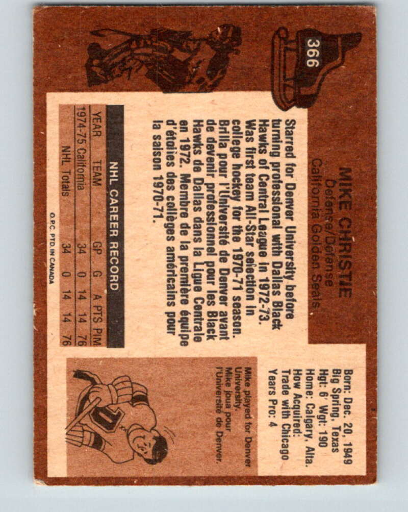 1975-76 O-Pee-Chee #366 Mike Christie California Golden Seals V6819