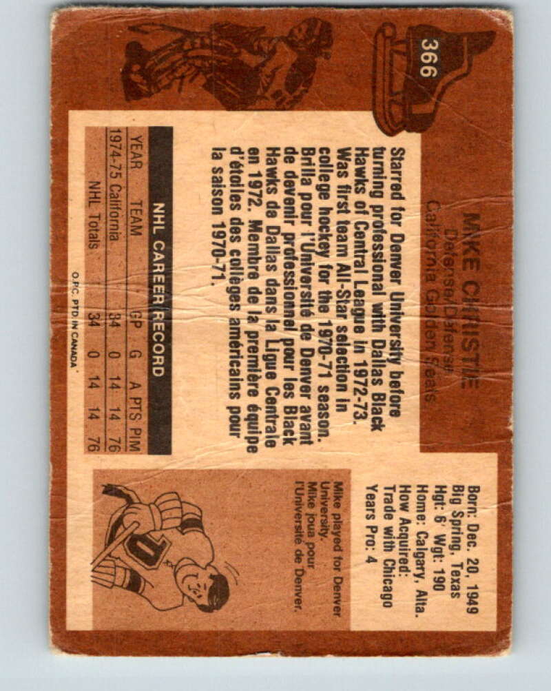1975-76 O-Pee-Chee #366 Mike Christie California Golden Seals V6821
