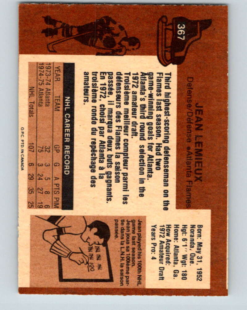 1975-76 O-Pee-Chee #367 Jean Lemieux RC Rookie Atlanta Flames V6822