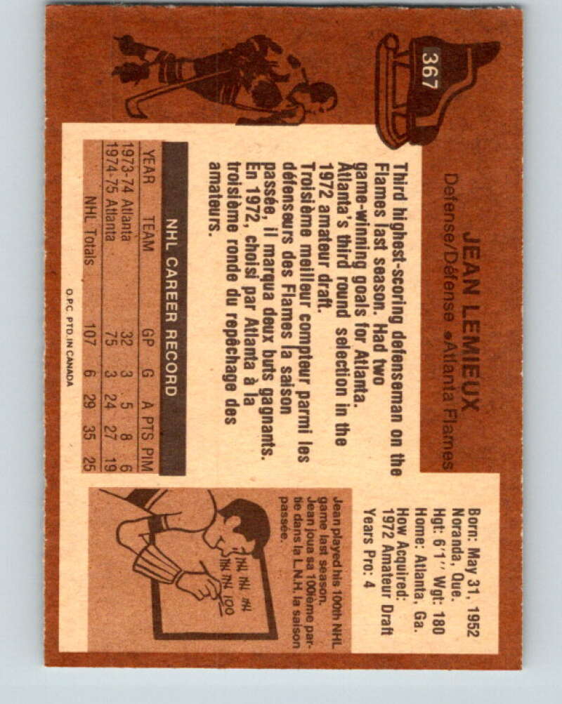 1975-76 O-Pee-Chee #367 Jean Lemieux RC Rookie Atlanta Flames V6823