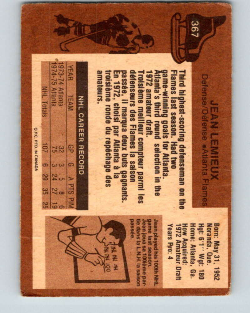 1975-76 O-Pee-Chee #367 Jean Lemieux RC Rookie Atlanta Flames V6824