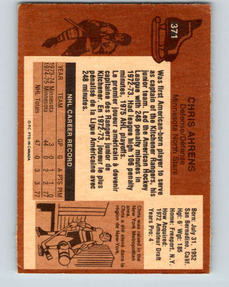 1975-76 O-Pee-Chee #371 Chris Ahrens Minnesota North Stars V6838
