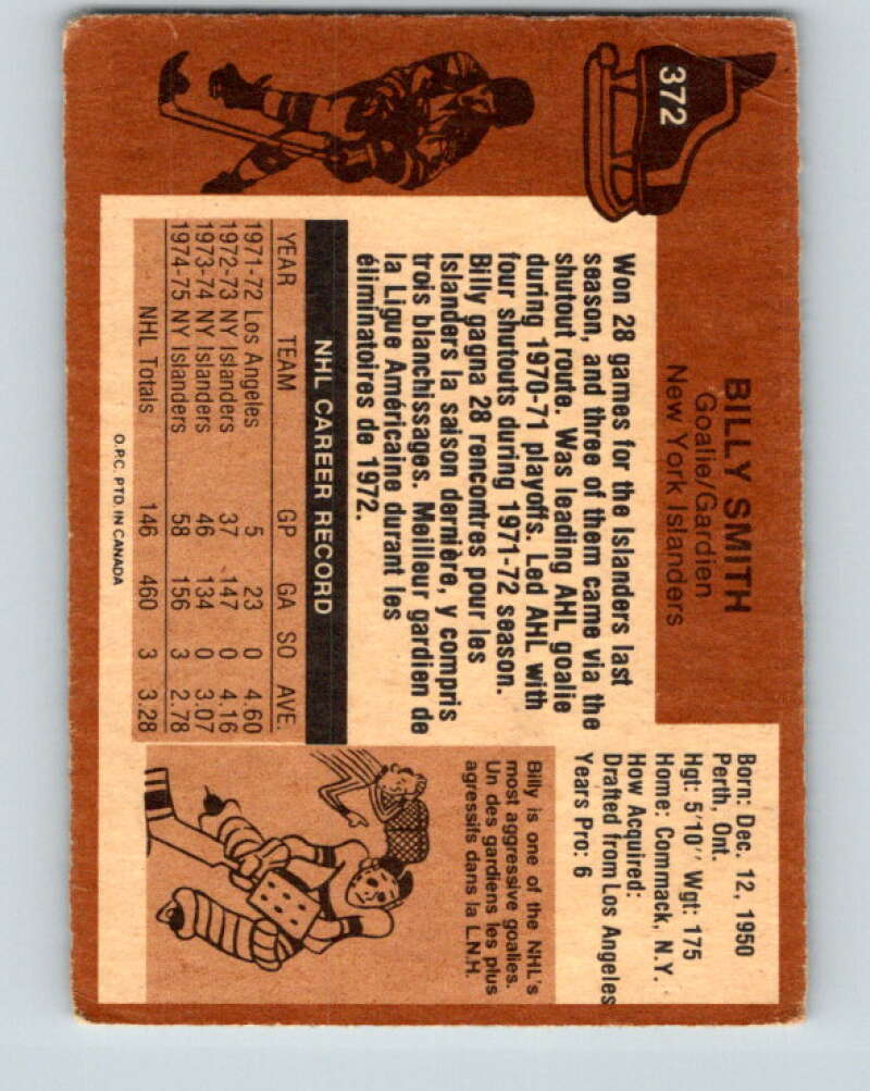 1975-76 O-Pee-Chee #372 Billy Smith New York Islanders V6843
