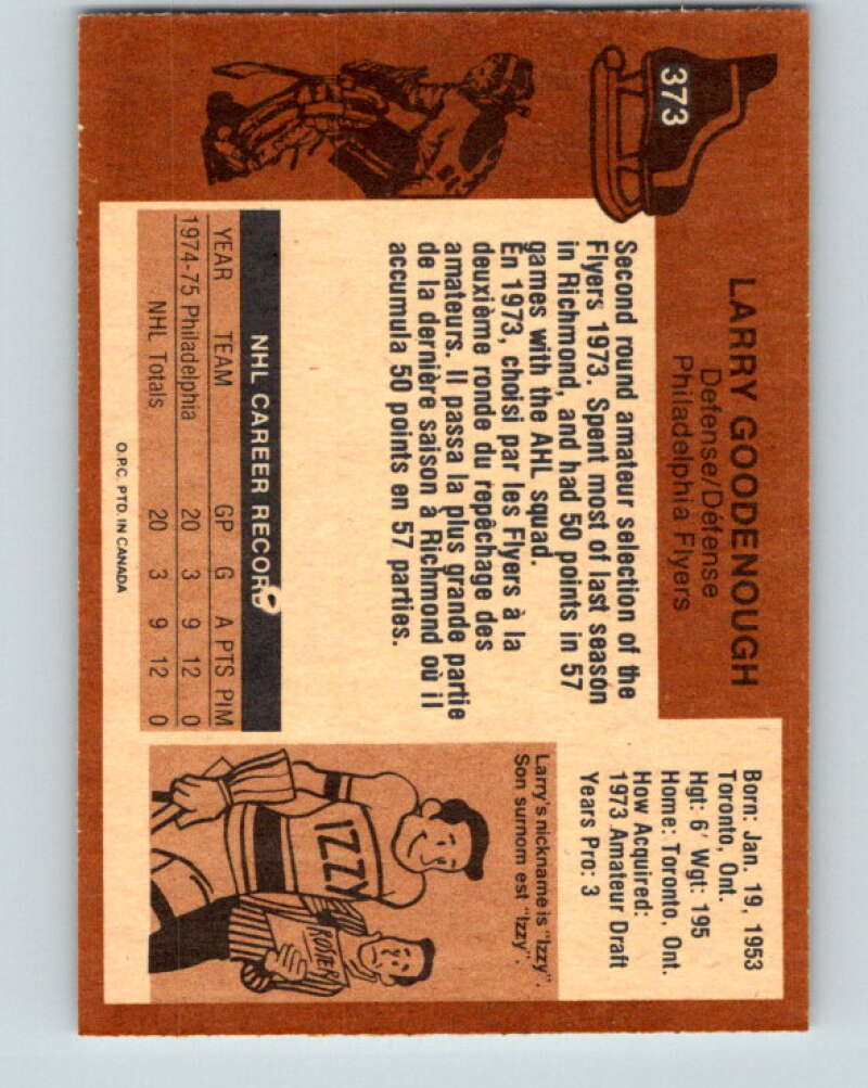 1975-76 O-Pee-Chee #373 Larry Goodenough RC Rookie Philadelphia Flyers V6848