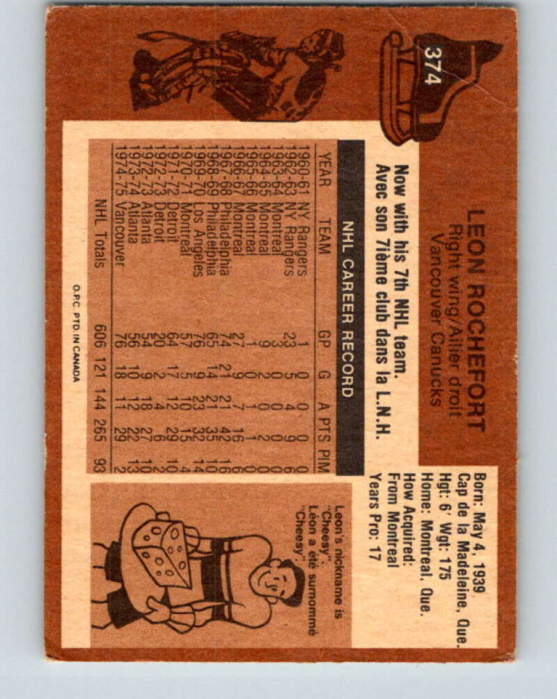 1975-76 O-Pee-Chee #374 Leon Rochefort Vancouver Canucks V6849