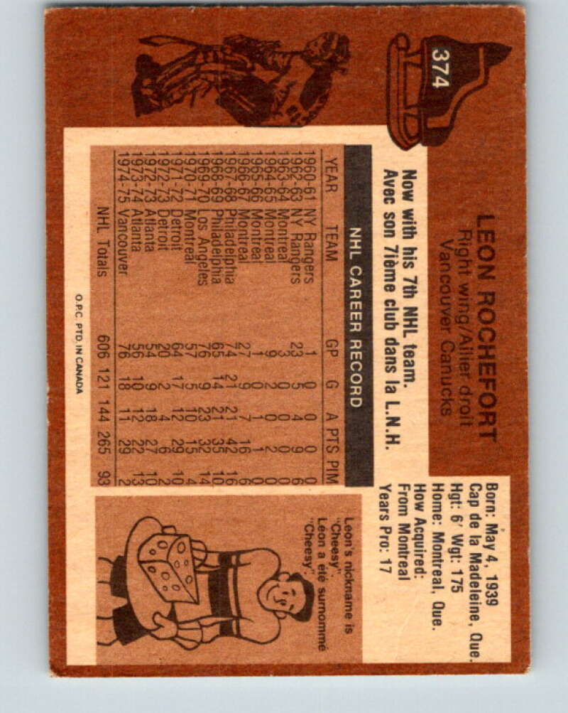 1975-76 O-Pee-Chee #374 Leon Rochefort Vancouver Canucks V6850