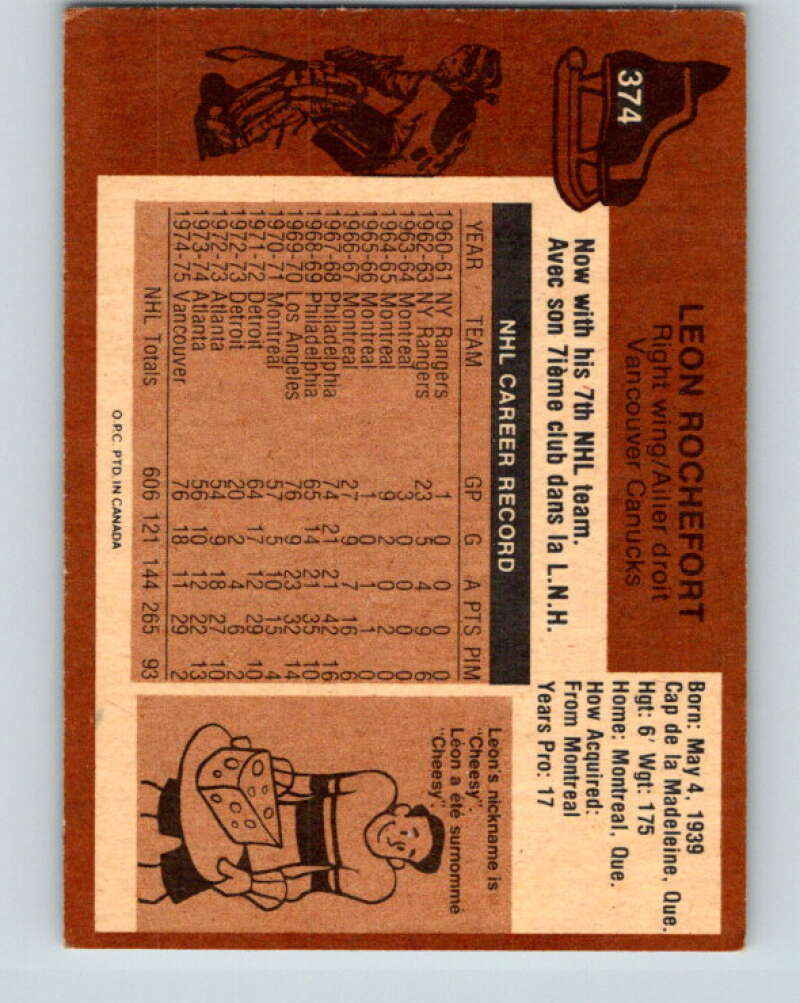 1975-76 O-Pee-Chee #374 Leon Rochefort Vancouver Canucks V6851