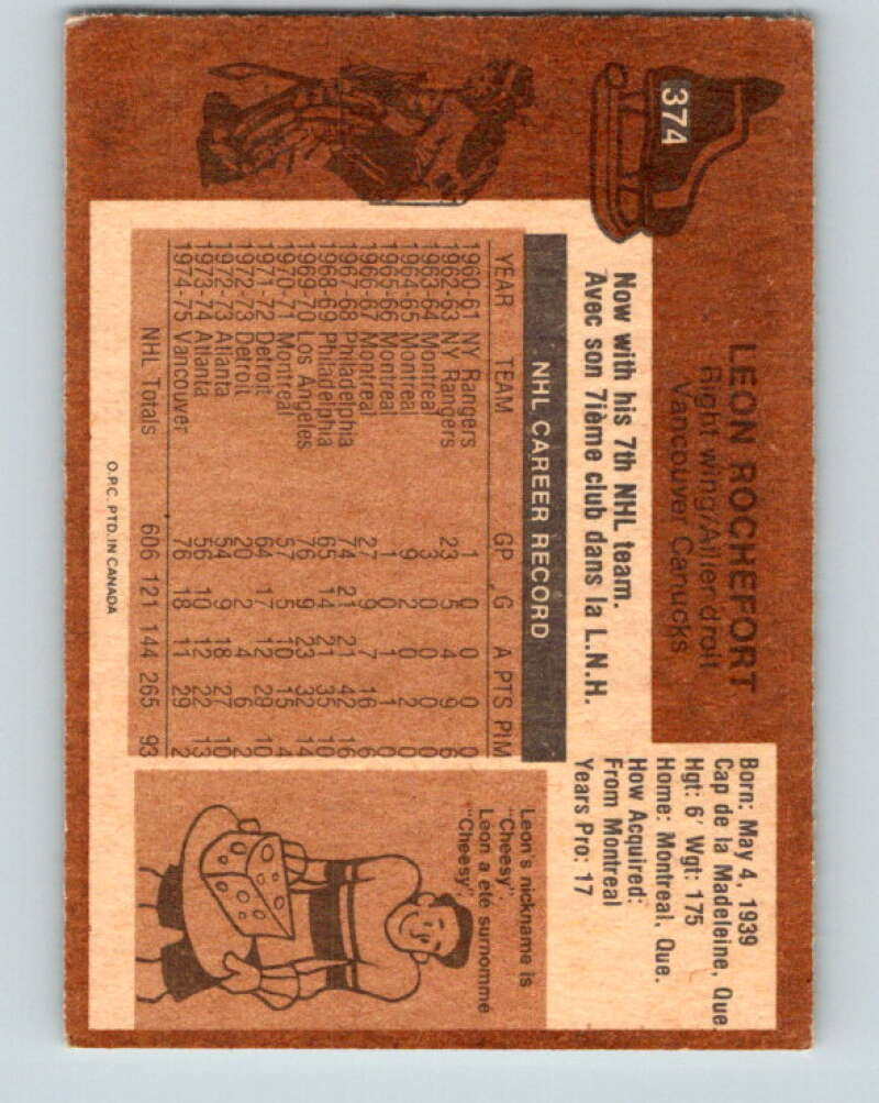 1975-76 O-Pee-Chee #374 Leon Rochefort Vancouver Canucks V6852