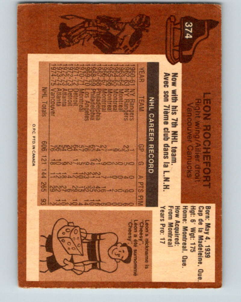 1975-76 O-Pee-Chee #374 Leon Rochefort Vancouver Canucks V6853
