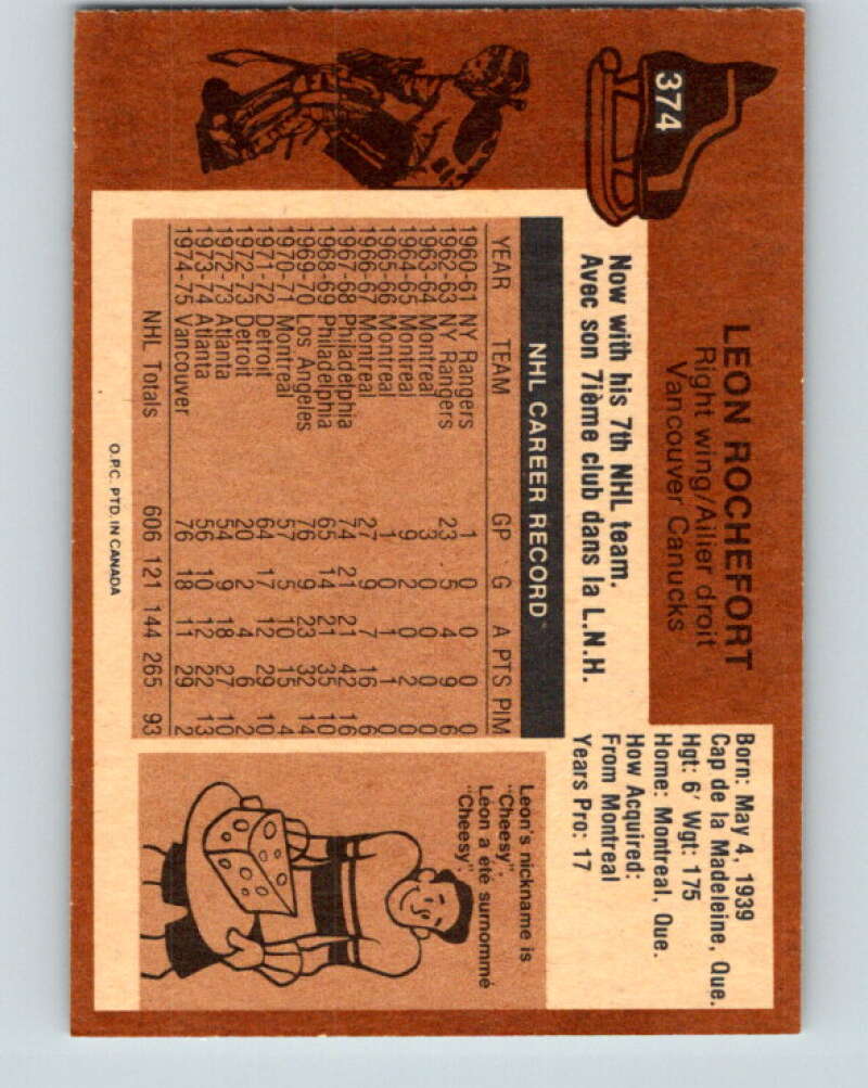 1975-76 O-Pee-Chee #374 Leon Rochefort Vancouver Canucks V6854