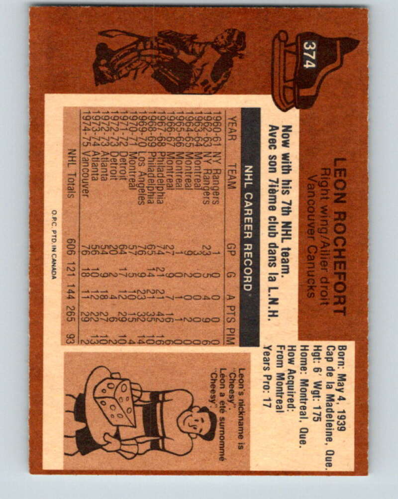 1975-76 O-Pee-Chee #374 Leon Rochefort Vancouver Canucks V6855