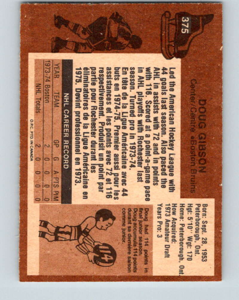 1975-76 O-Pee-Chee #375 Doug Gibson RC Rookie Boston Bruins V6857