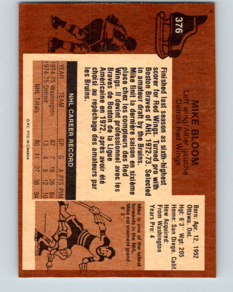 1975-76 O-Pee-Chee #376 Mike Bloom Detroit Red Wings V6858