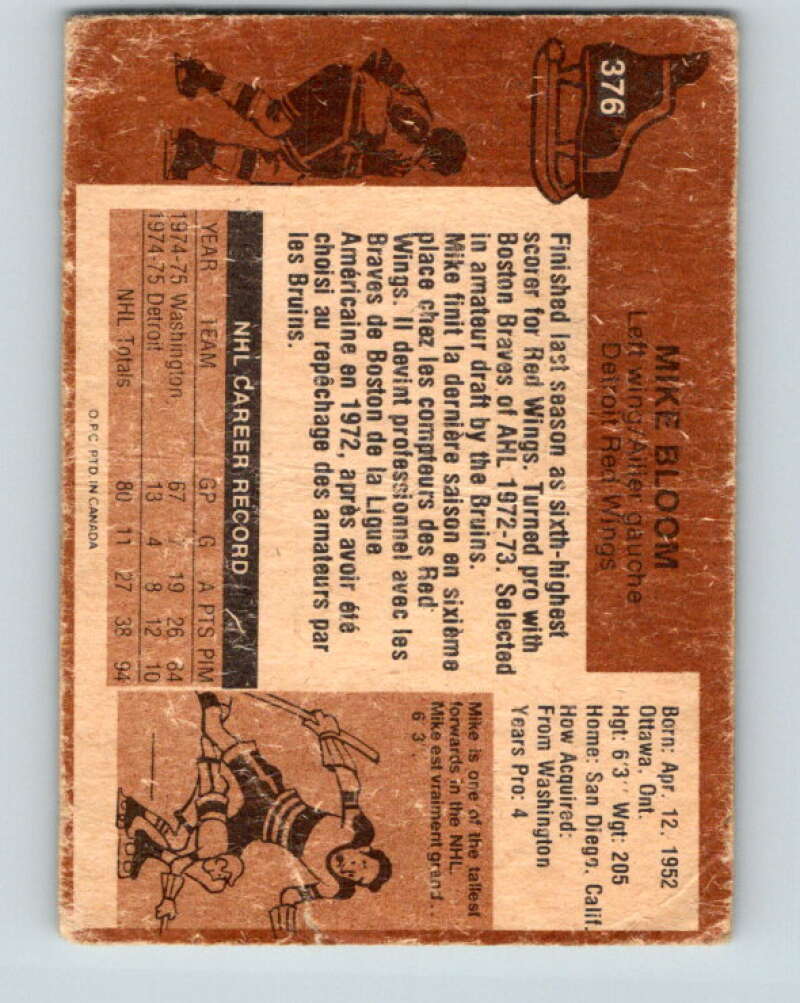 1975-76 O-Pee-Chee #376 Mike Bloom Detroit Red Wings V6859