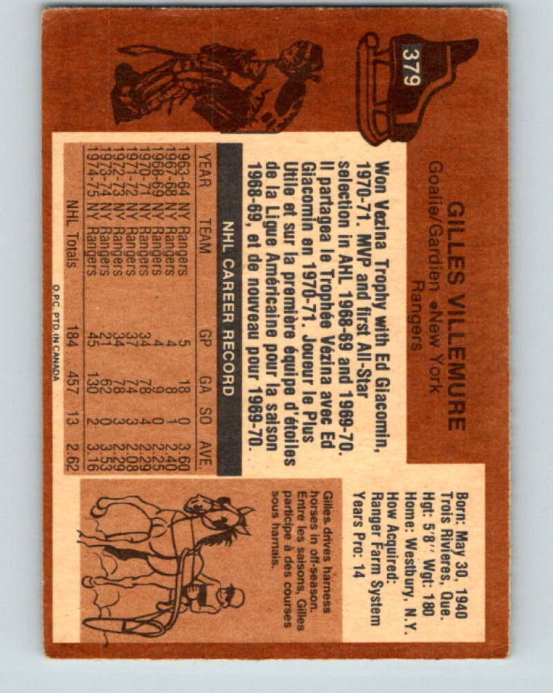 1975-76 O-Pee-Chee #379 Gilles Villemure New York Rangers V6869