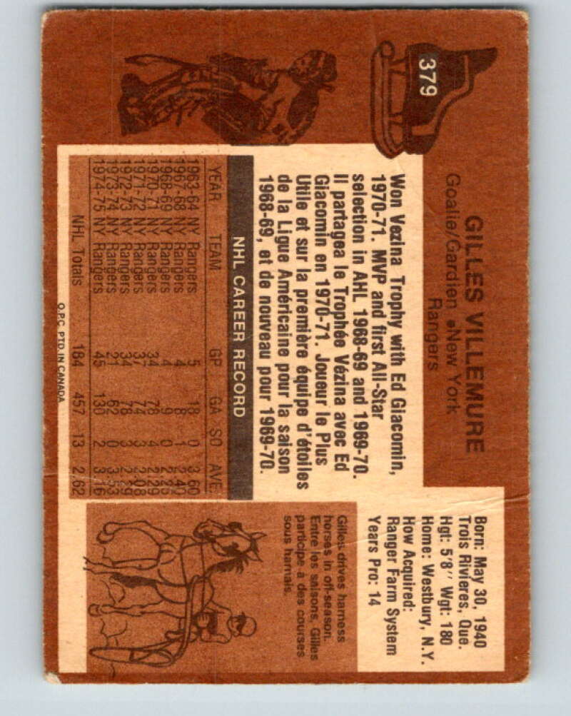 1975-76 O-Pee-Chee #379 Gilles Villemure New York Rangers V6870