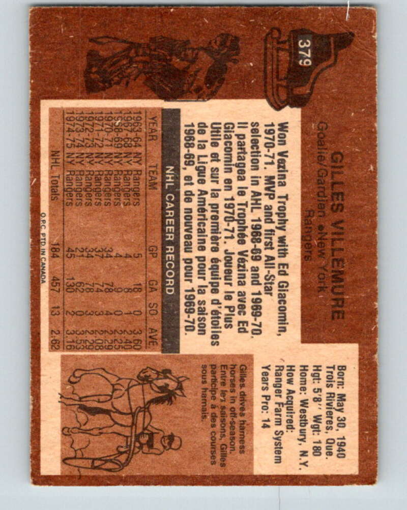 1975-76 O-Pee-Chee #379 Gilles Villemure New York Rangers V6871