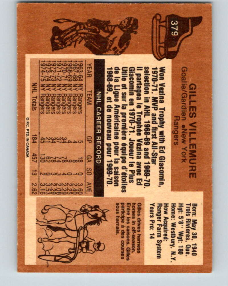 1975-76 O-Pee-Chee #379 Gilles Villemure New York Rangers V6872