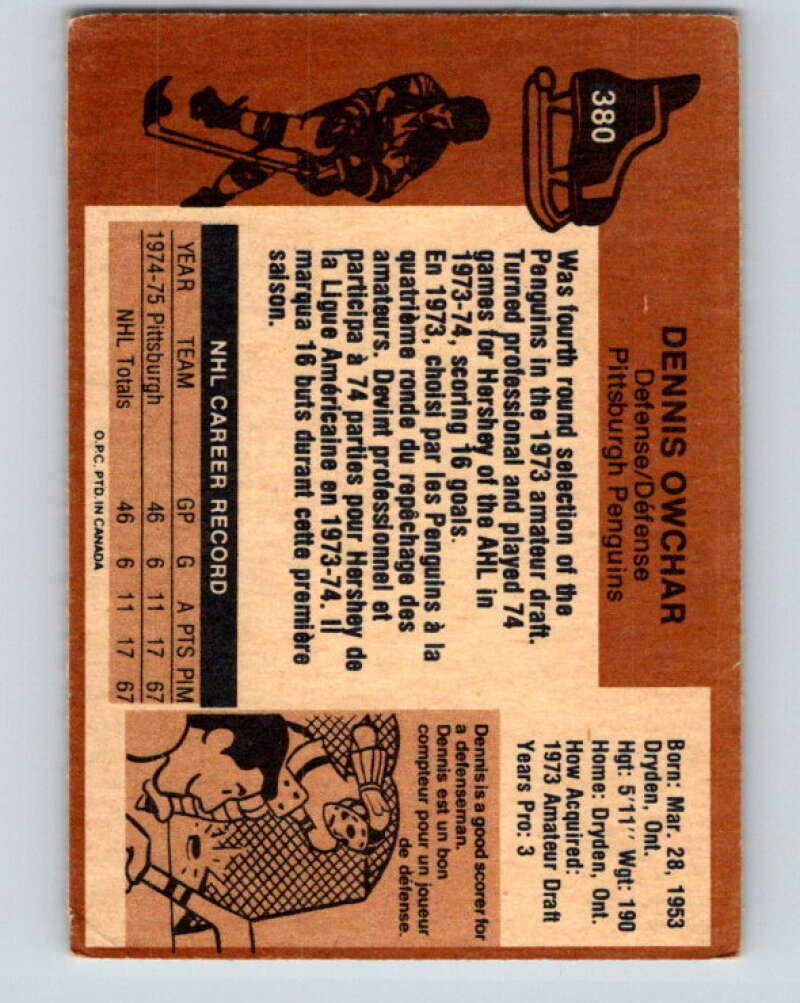1975-76 O-Pee-Chee #380 Dennis Owchar RC Rookie Pittsburgh Penguins V6873