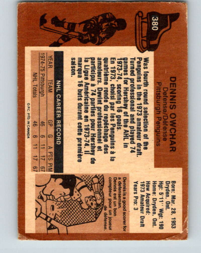 1975-76 O-Pee-Chee #380 Dennis Owchar RC Rookie Pittsburgh Penguins V6875