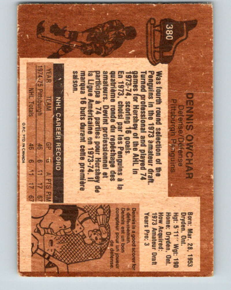 1975-76 O-Pee-Chee #380 Dennis Owchar RC Rookie Pittsburgh Penguins V6876