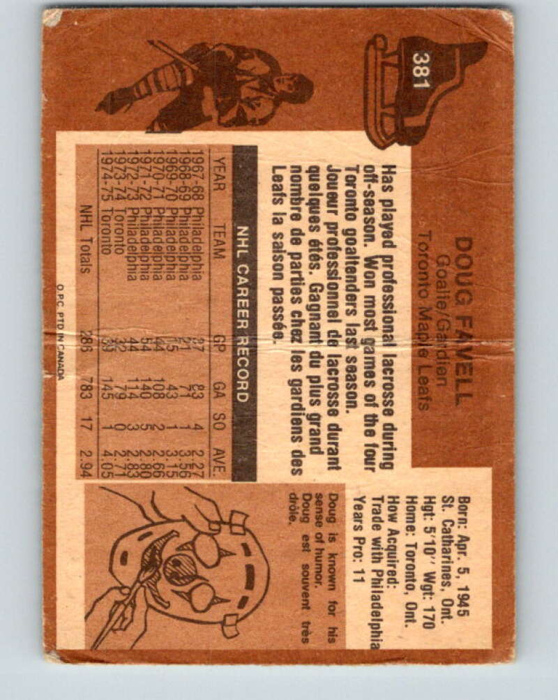 1975-76 O-Pee-Chee #381 Doug Favell Toronto Maple Leafs V6877