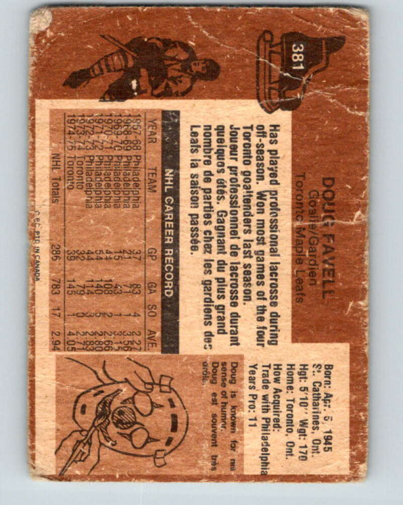 1975-76 O-Pee-Chee #381 Doug Favell Toronto Maple Leafs V6879