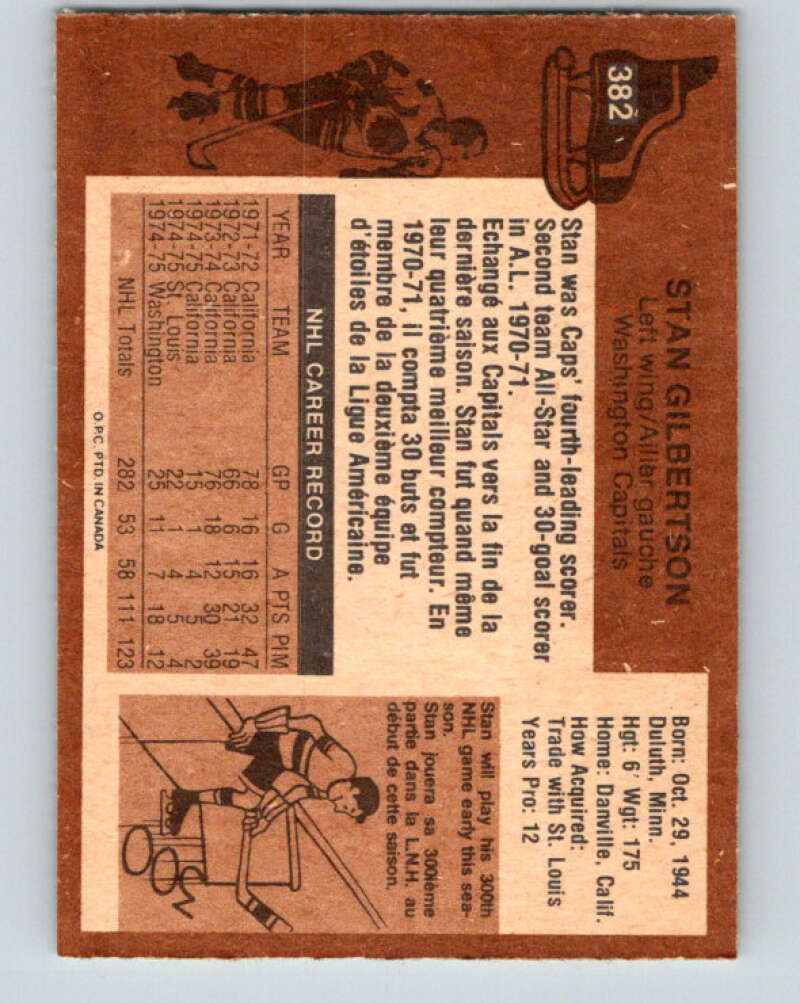 1975-76 O-Pee-Chee #382 Stan Gilbertson UER Washington Capitals V6880
