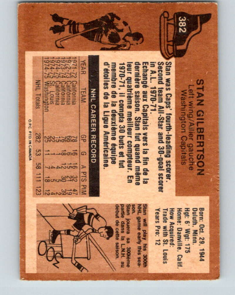 1975-76 O-Pee-Chee #382 Stan Gilbertson UER Washington Capitals V6882