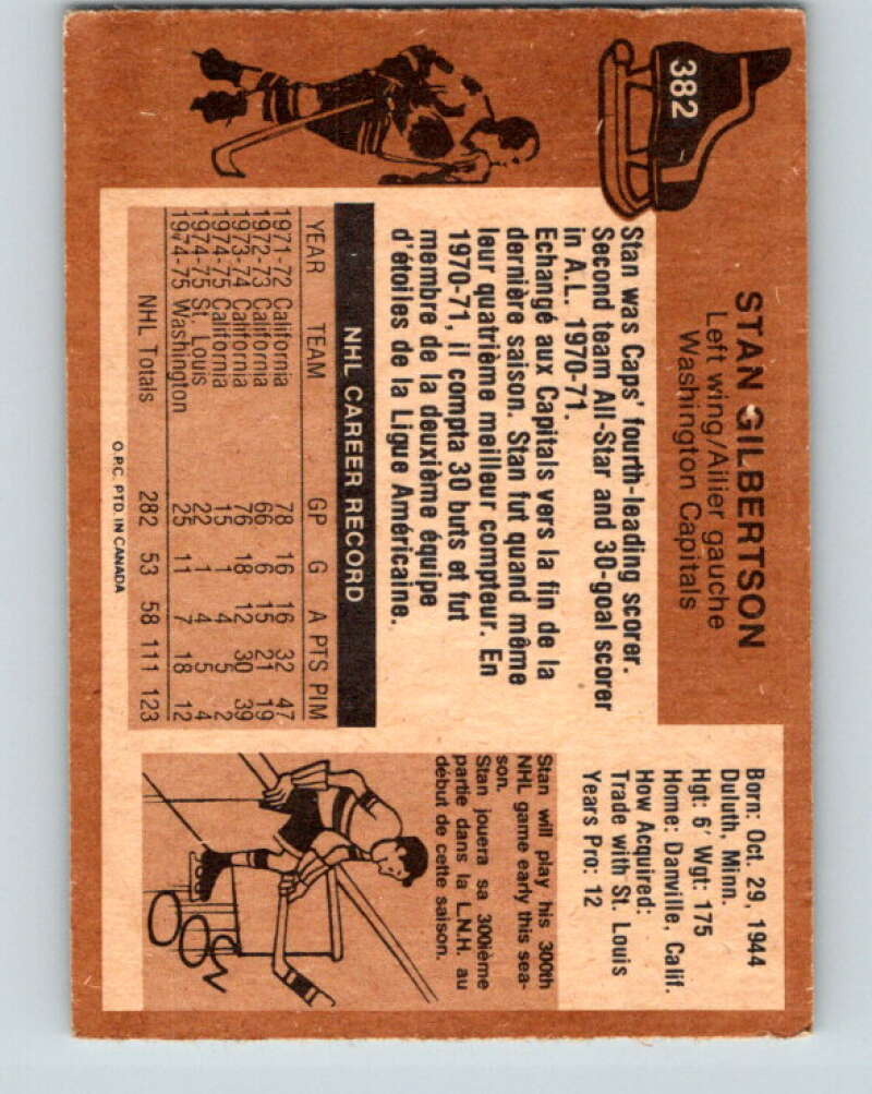 1975-76 O-Pee-Chee #382 Stan Gilbertson UER Washington Capitals V6883