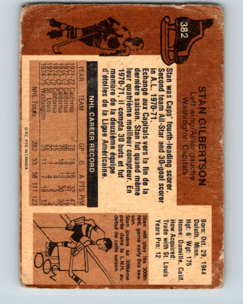1975-76 O-Pee-Chee #382 Stan Gilbertson UER Washington Capitals V6884
