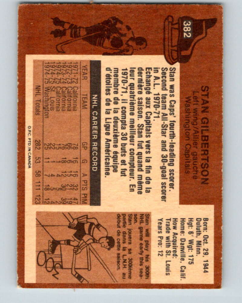 1975-76 O-Pee-Chee #382 Stan Gilbertson UER Washington Capitals V6885
