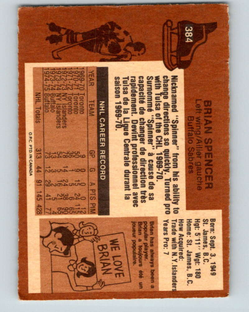 1975-76 O-Pee-Chee #384 Brian Spencer Buffalo Sabres V6893