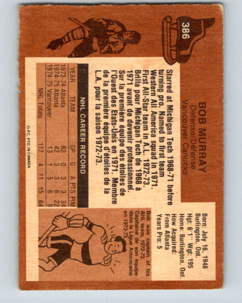 1975-76 O-Pee-Chee #386 Bob Murray Vancouver Canucks V6896