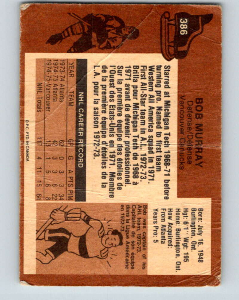 1975-76 O-Pee-Chee #386 Bob Murray Vancouver Canucks V6898
