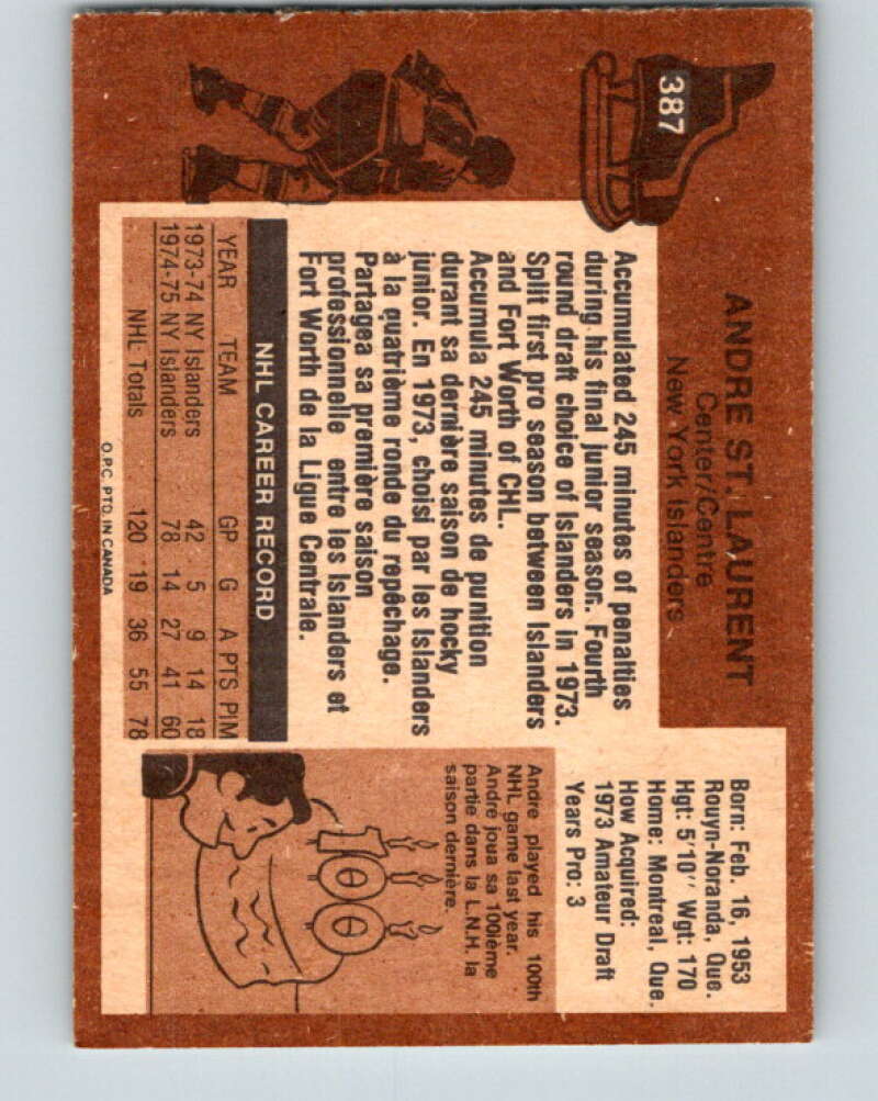 1975-76 O-Pee-Chee #387 Andre St. Laurent RC Rookie New York Islanders V6900