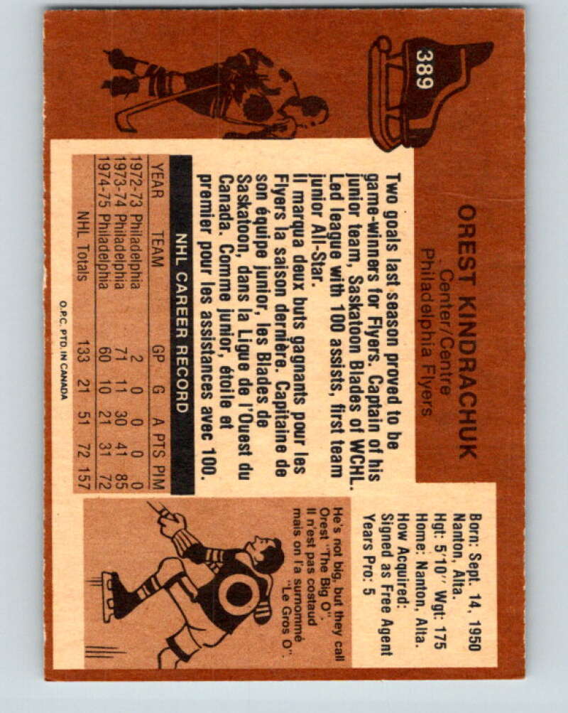 1975-76 O-Pee-Chee #389 Orest Kindrachuk Philadelphia Flyers V6905
