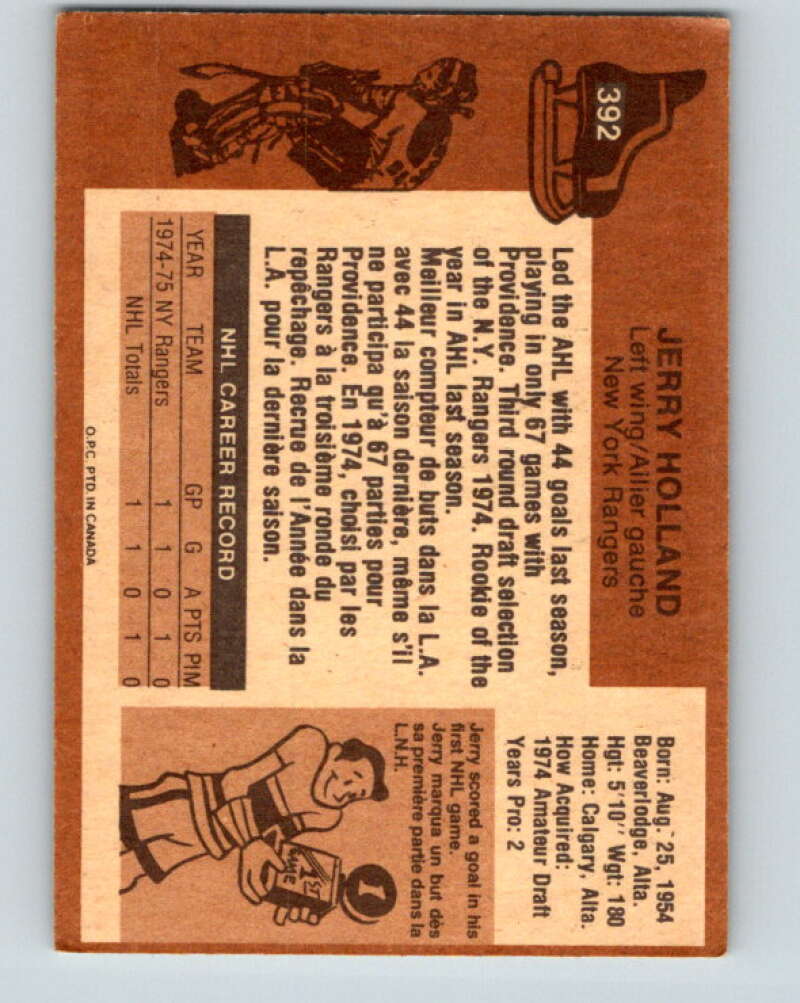 1975-76 O-Pee-Chee #392 Jerry Holland RC Rookie New York Rangers V6920