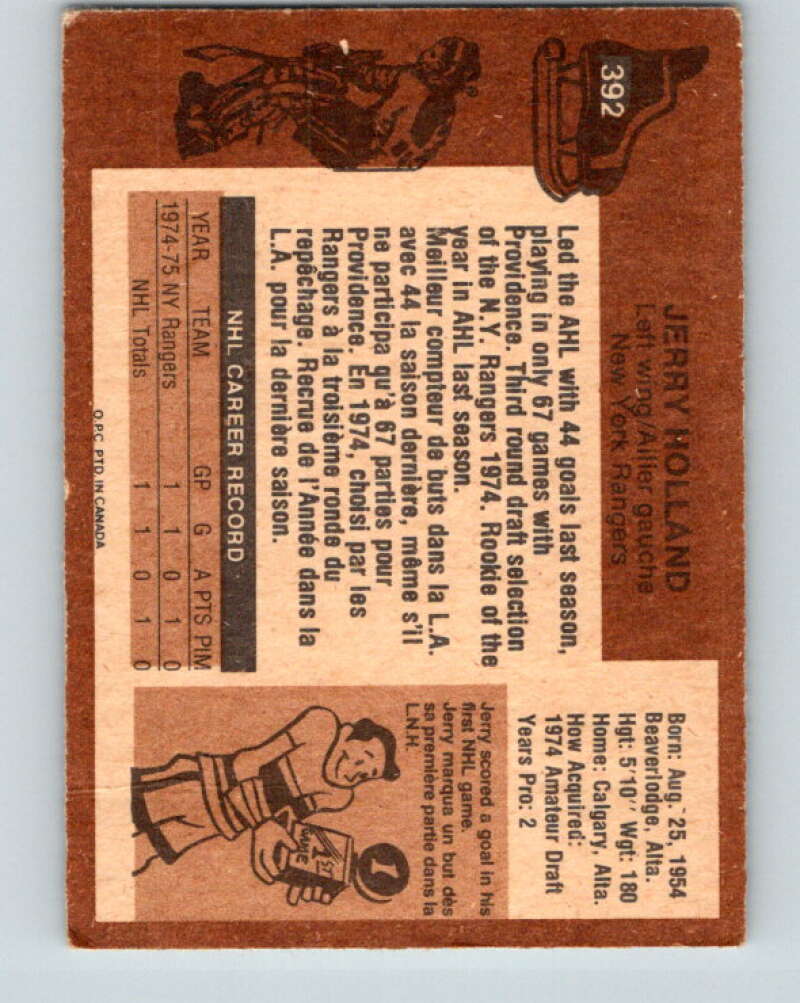 1975-76 O-Pee-Chee #392 Jerry Holland RC Rookie New York Rangers V6921