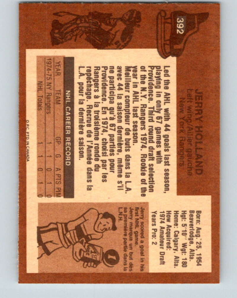 1975-76 O-Pee-Chee #392 Jerry Holland RC Rookie New York Rangers V6922